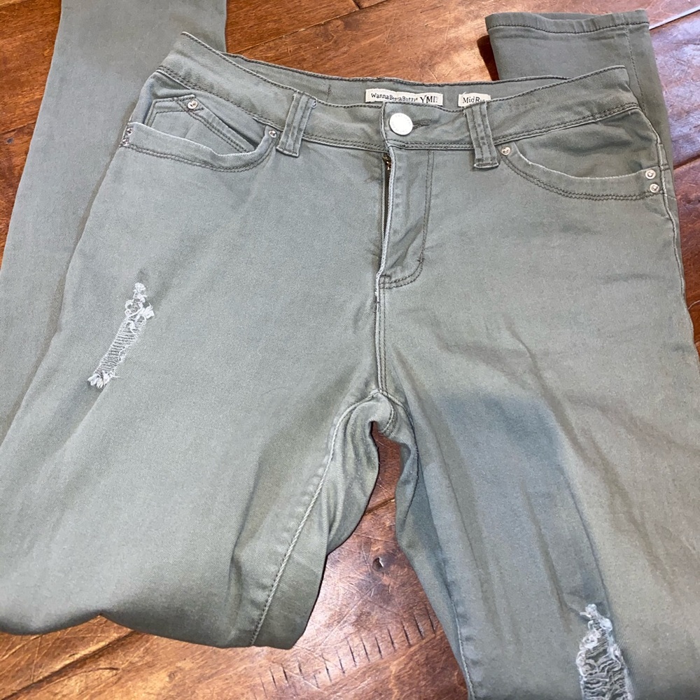 Army green skinny high waisted jeans